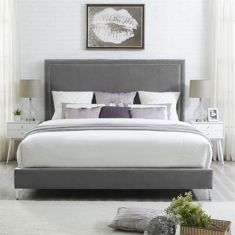 Posh Living Tristan Velvet Platform Queen Bed Frame with Nailhead in Gray