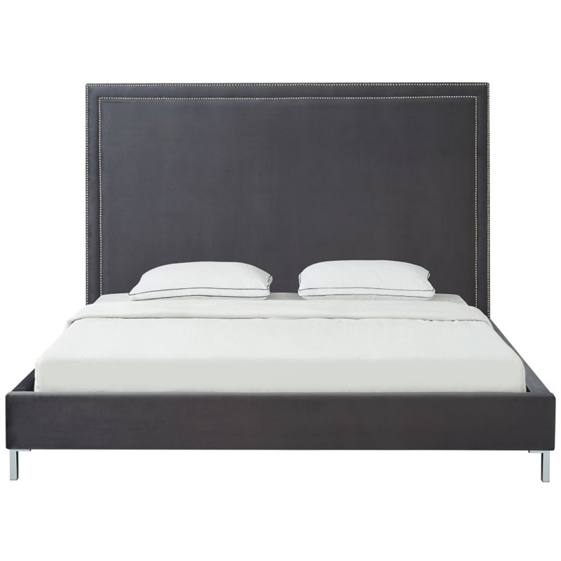Posh Living Tristan Velvet Platform Queen Bed Frame with Nailhead in Gray