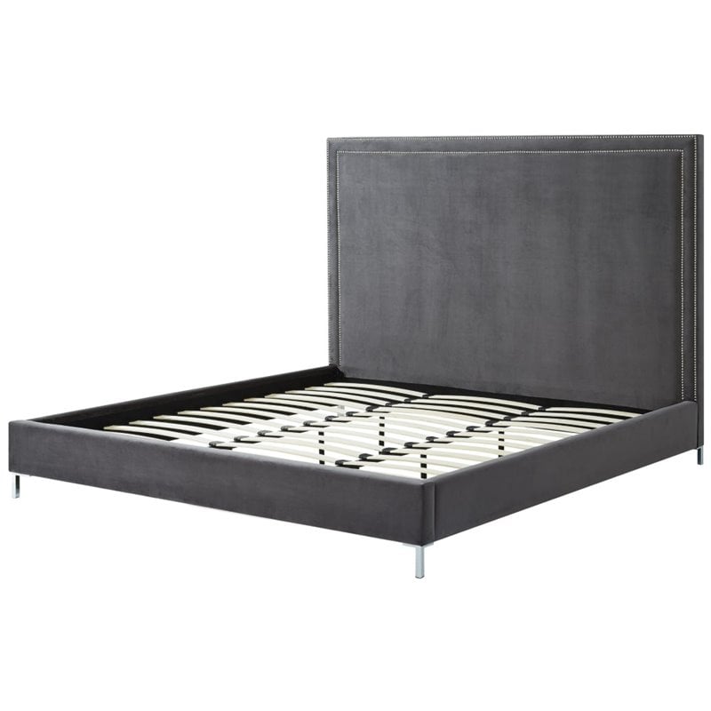 Posh Living Tristan Velvet Platform Queen Bed Frame with Nailhead in Gray