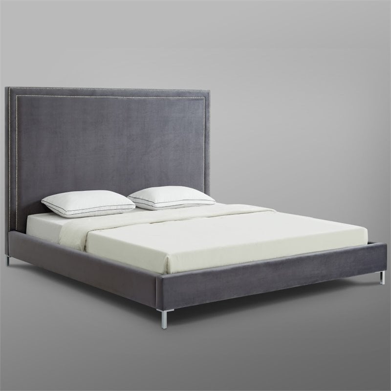 Posh Living Tristan Velvet Platform Queen Bed Frame with Nailhead in Gray