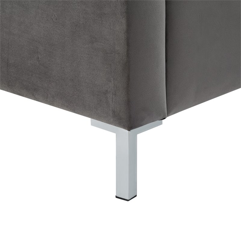 Posh Living Tristan Velvet Platform Queen Bed Frame with Nailhead in Gray