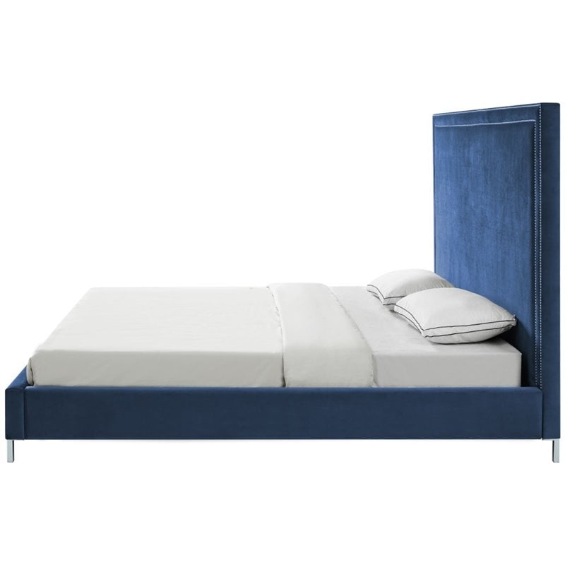 Posh Living Tristan Tufted Velvet Platform King Bed Frame with Nailhead in Blue