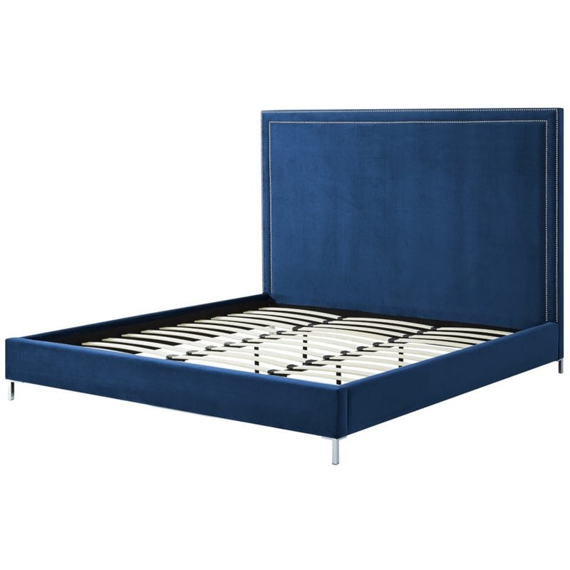 Posh Living Tristan Tufted Velvet Platform King Bed Frame with Nailhead in Blue