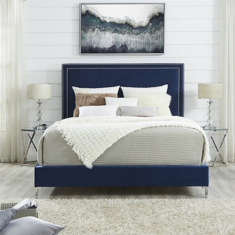 Posh Living Tristan Velvet Platform Queen Bed Frame with Nailhead in Blue