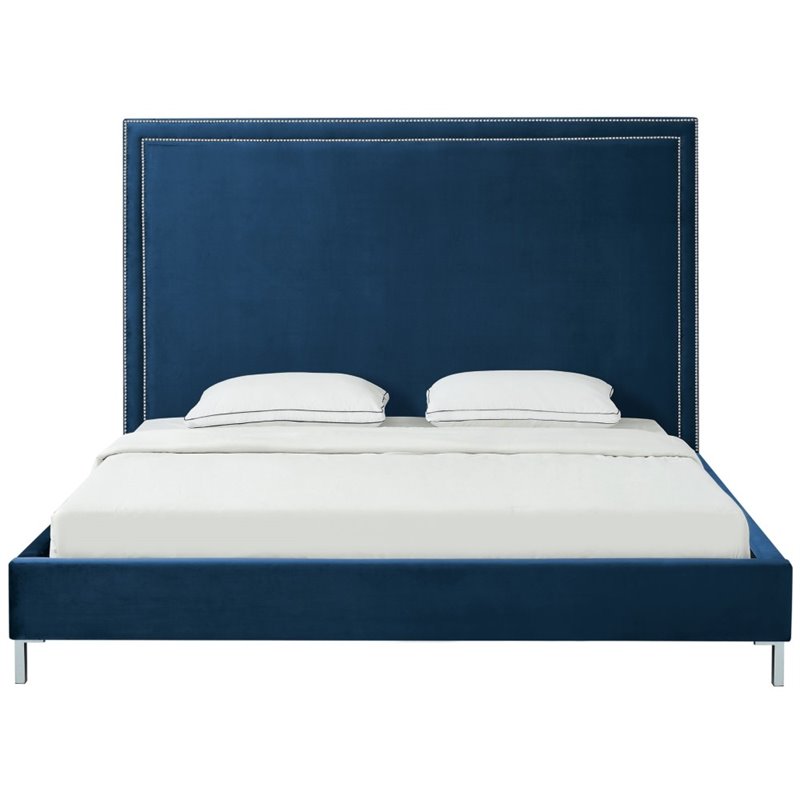 Posh Living Tristan Velvet Platform Queen Bed Frame with Nailhead in Blue