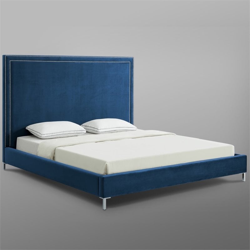 Posh Living Tristan Velvet Platform Queen Bed Frame with Nailhead in Blue