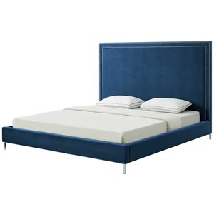 posh living tristan velvet nailhead upholstered platform bed in navy blue