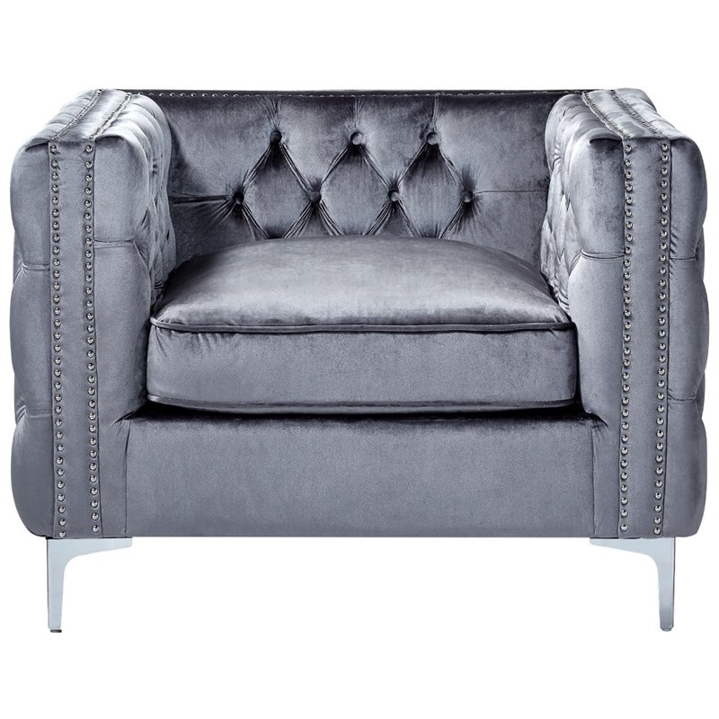 Posh Living Levi Button Tufted Velvet Accent Chair in Gray