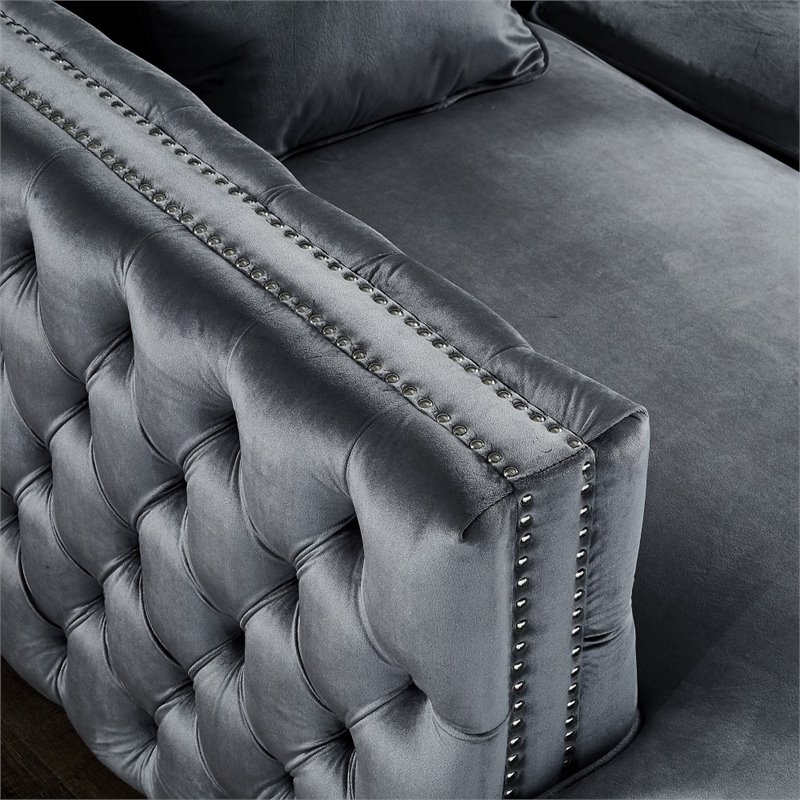 Posh Living Levi Button Tufted Velvet Accent Chair in Gray