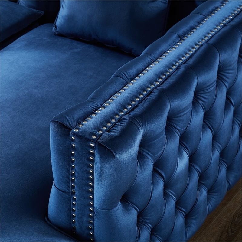 Posh Living Levi Button Tufted Velvet Accent Chair in Blue