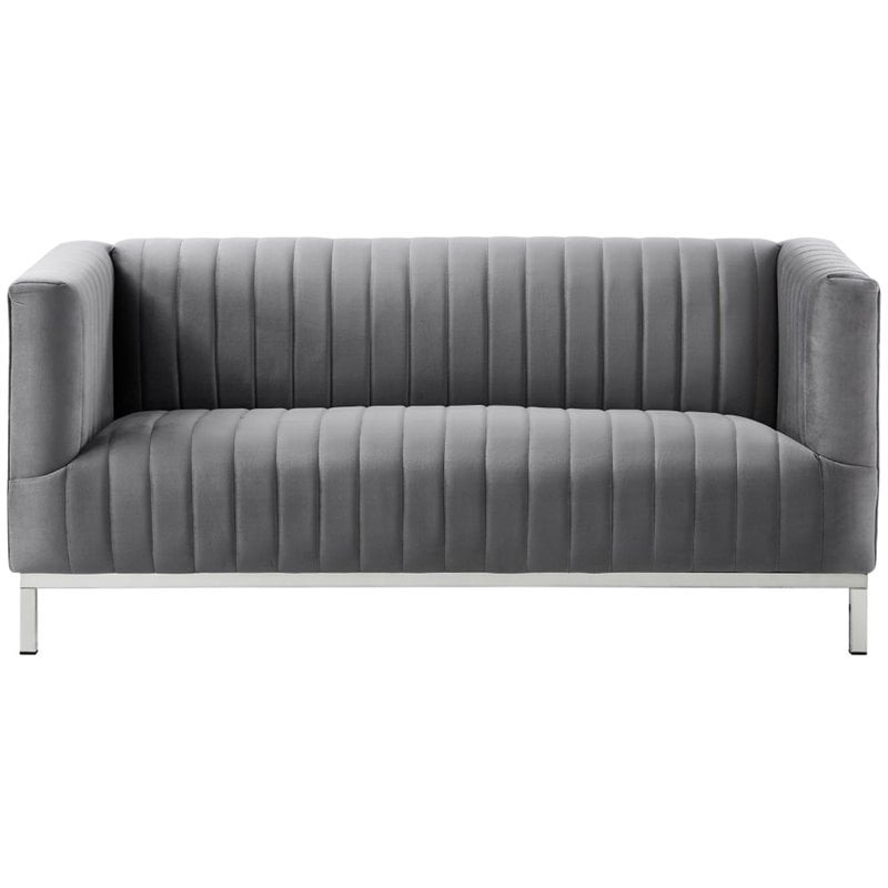 Posh Living Hayden Velvet Tuxedo Loveseat with Y-Metal Base in Gray/Chrome