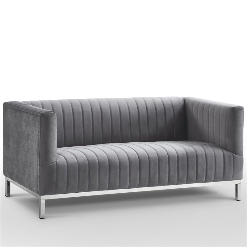 Posh Living Hayden Velvet Tuxedo Loveseat with Y-Metal Base in Gray/Chrome