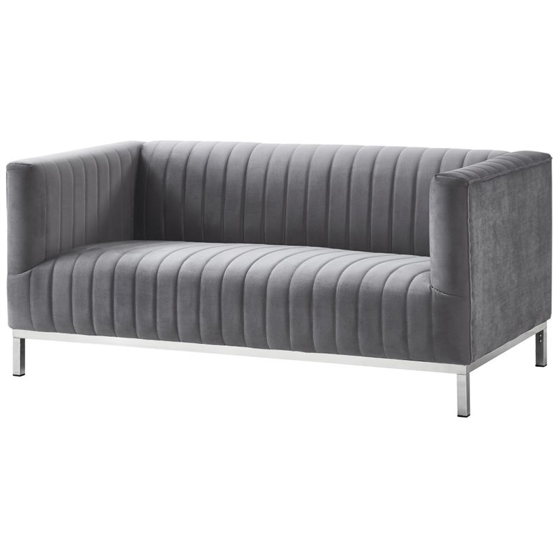 Posh Living Hayden Velvet Tuxedo Loveseat with Y-Metal Base in Gray/Chrome