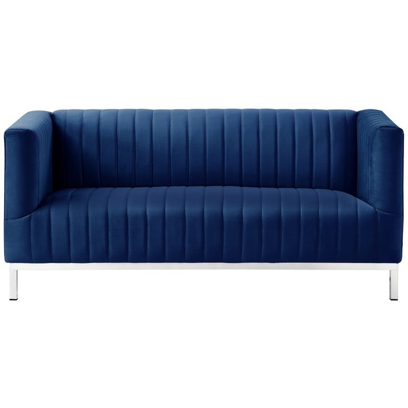 Posh Living Hayden Velvet Tuxedo Loveseat with Y-Metal Base in Navy Blue/Chrome