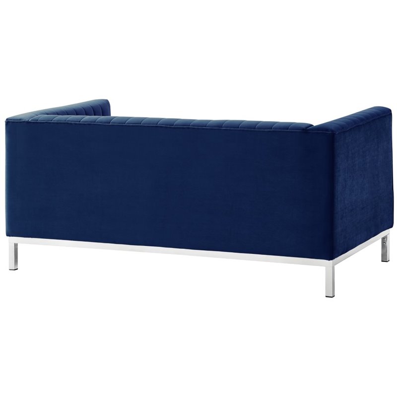 Posh Living Hayden Velvet Tuxedo Loveseat with Y-Metal Base in Navy Blue/Chrome