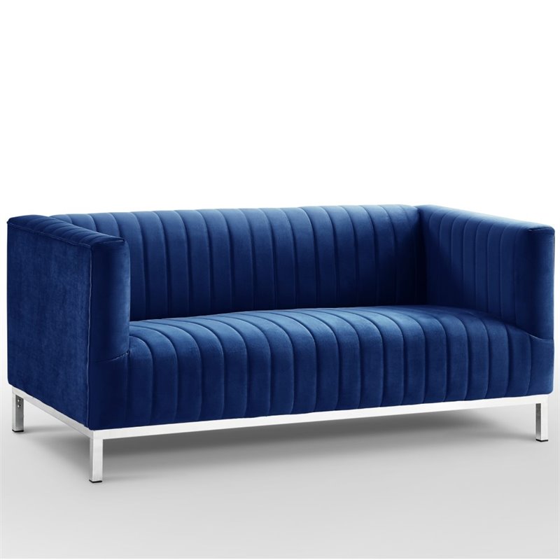 Posh Living Hayden Velvet Tuxedo Loveseat with Y-Metal Base in Navy Blue/Chrome