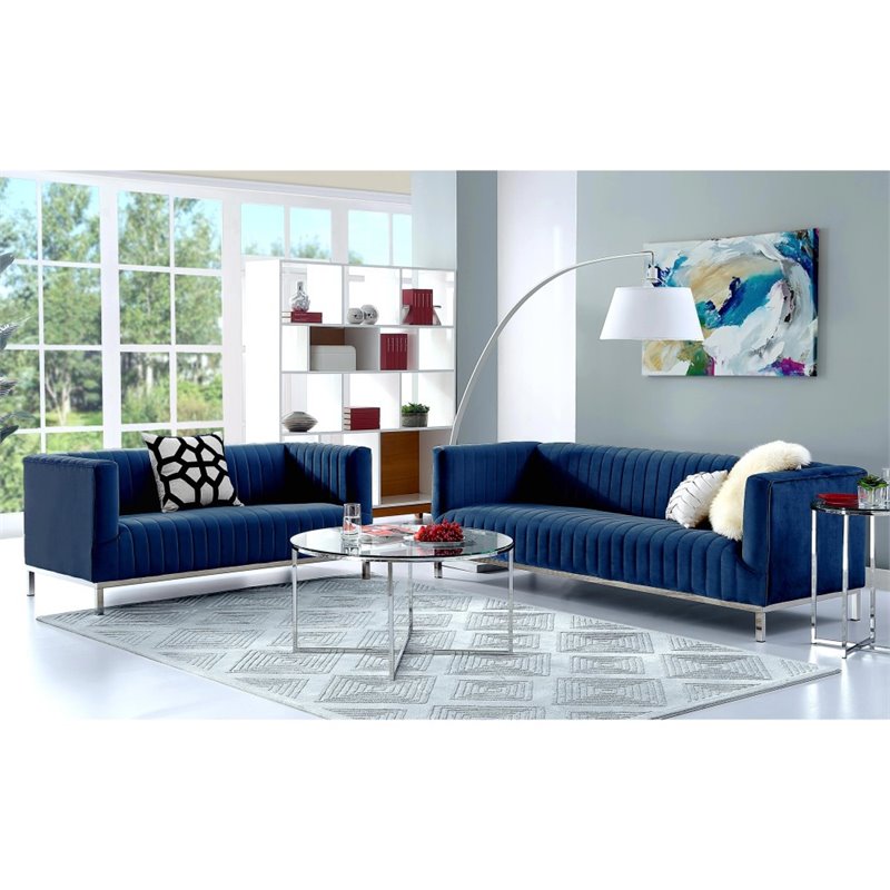 Posh Living Hayden Velvet Tuxedo Loveseat with Y-Metal Base in Navy Blue/Chrome