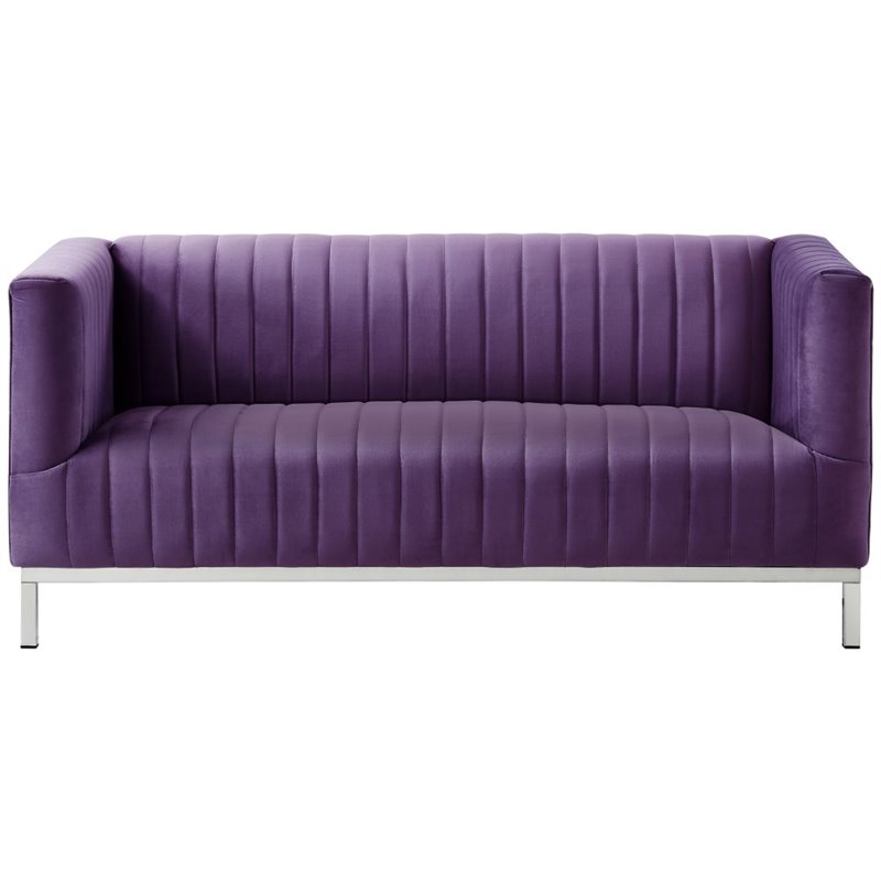 Posh Living Hayden Velvet Tuxedo Loveseat with Y-Metal Base in Purple/Chrome