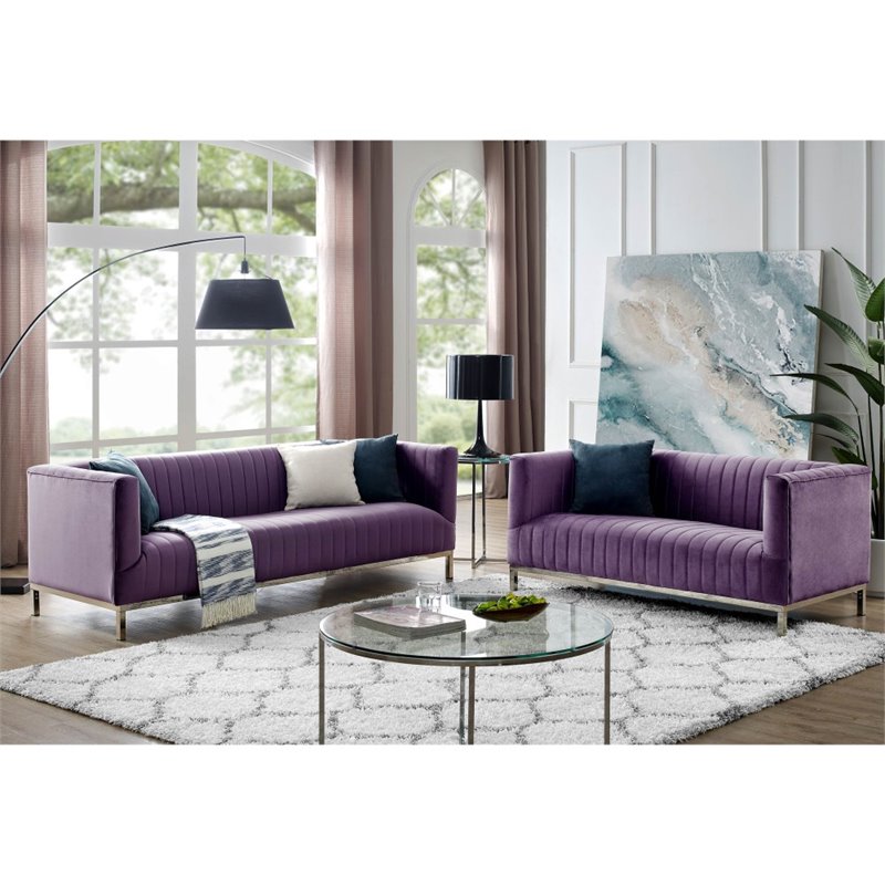 Posh Living Hayden Velvet Tuxedo Loveseat with Y-Metal Base in Purple/Chrome