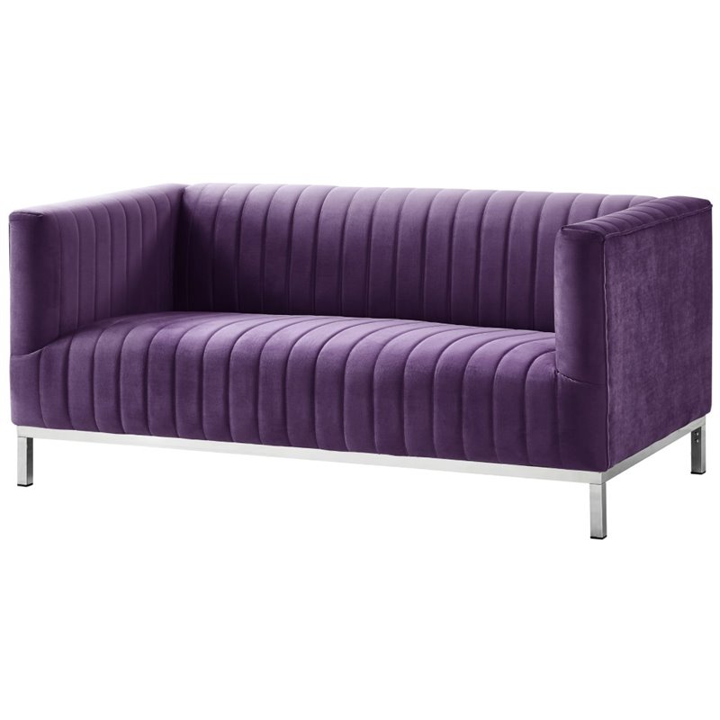 Posh Living Hayden Velvet Tuxedo Loveseat with Y-Metal Base in Purple/Chrome