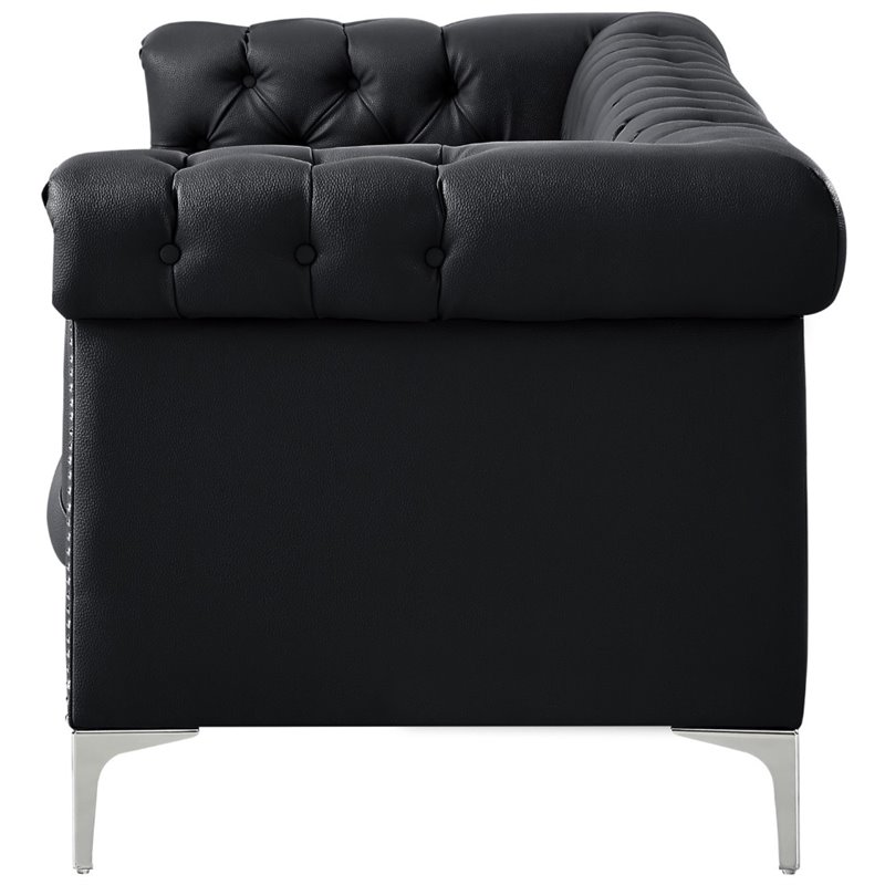Posh Living Ryder Button Tufted Leather Chesterfield Sofa in Black/Chrome