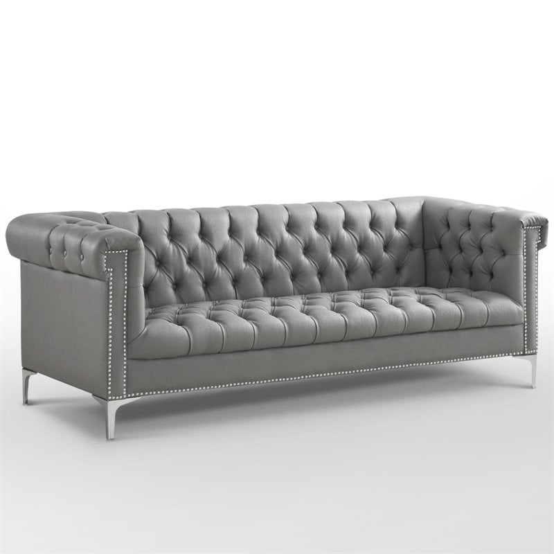 Posh Living Ryder On Tufted Leather, Gray Leather Tufted Sofa