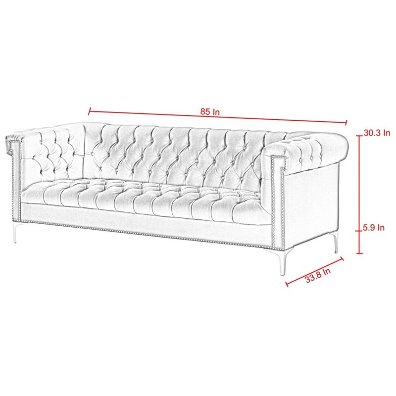 Posh Living Ryder Button Tufted Leather Chesterfield Sofa in Gray/Chrome