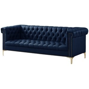 Posh Living Ryder Button Tufted Leather Chesterfield Sofa in Navy Blue/Gold