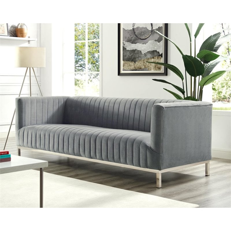 Posh Living Hayden Velvet Tuxedo Sofa with Y-Metal Base in Gray/Chrome