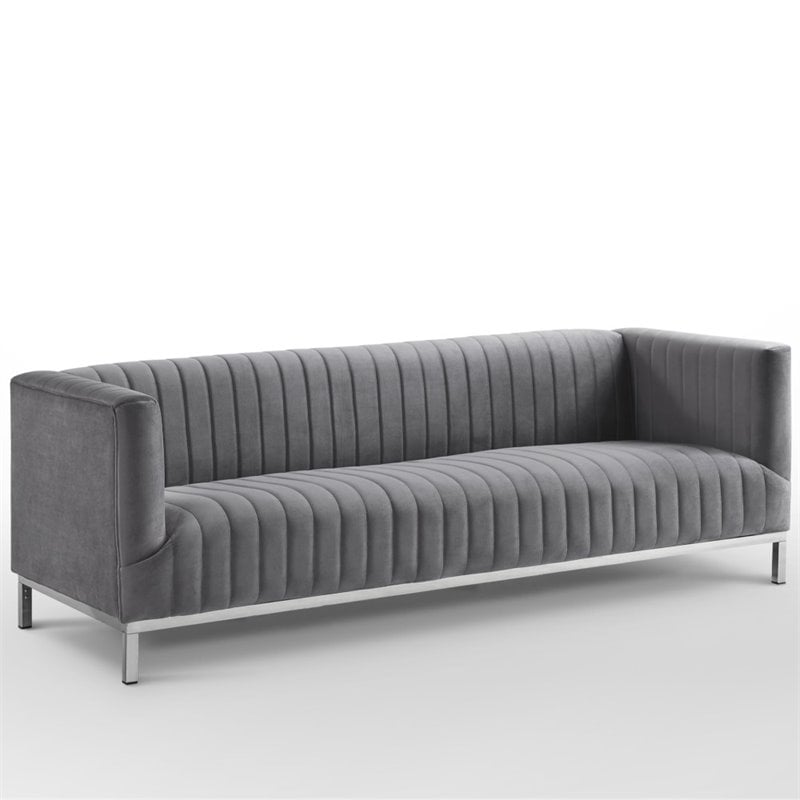 Posh Living Hayden Velvet Tuxedo Sofa with Y-Metal Base in Gray/Chrome