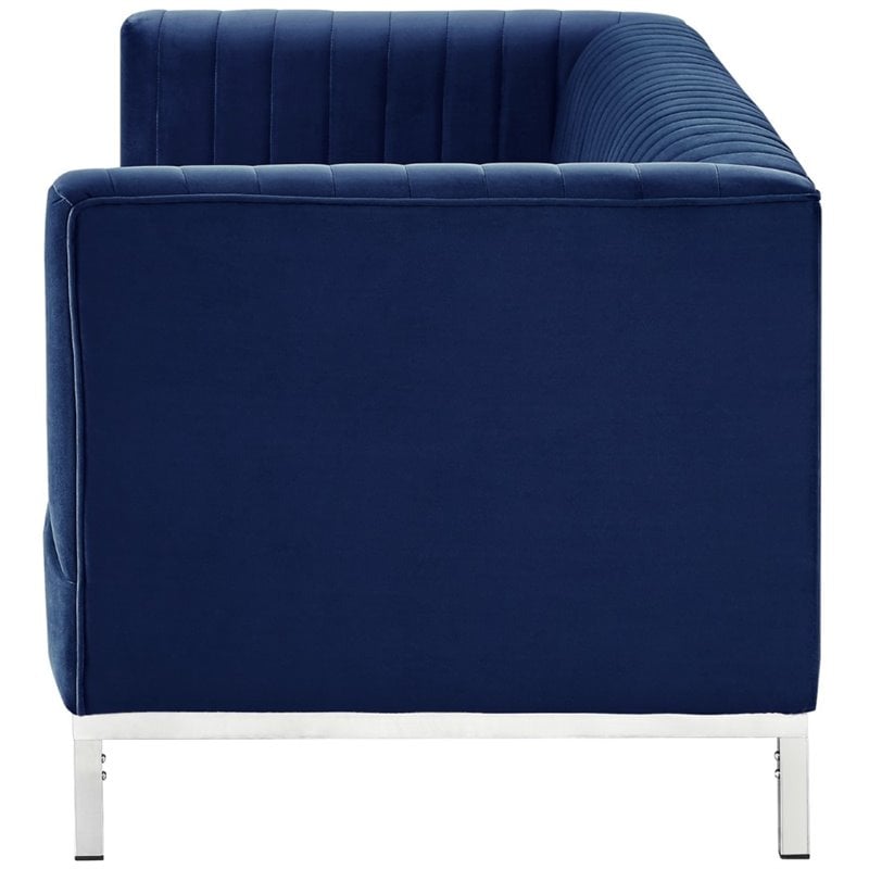 Posh Living Hayden Velvet Tuxedo Sofa with Y-Metal Base in Navy Blue/Chrome