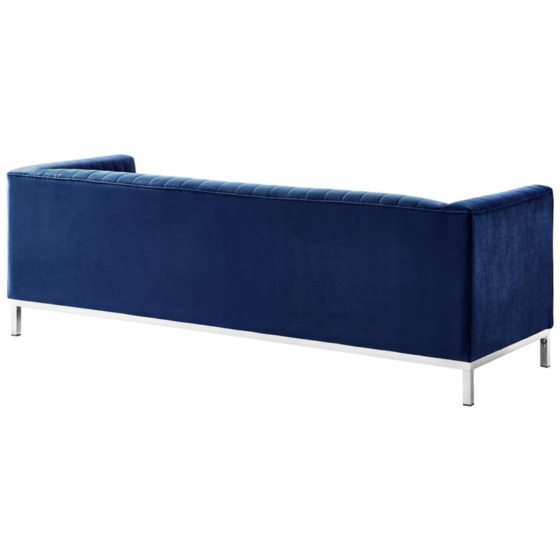 Posh Living Hayden Velvet Tuxedo Sofa with Y-Metal Base in Navy Blue/Chrome