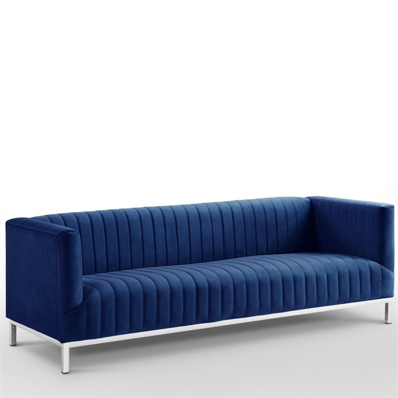 Posh Living Hayden Velvet Tuxedo Sofa with Y-Metal Base in Navy Blue/Chrome
