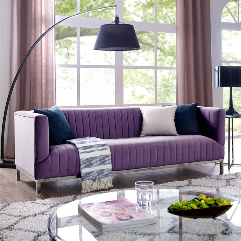 Posh Living Hayden Velvet Tuxedo Sofa with Y-Metal Base in Purple/Chrome