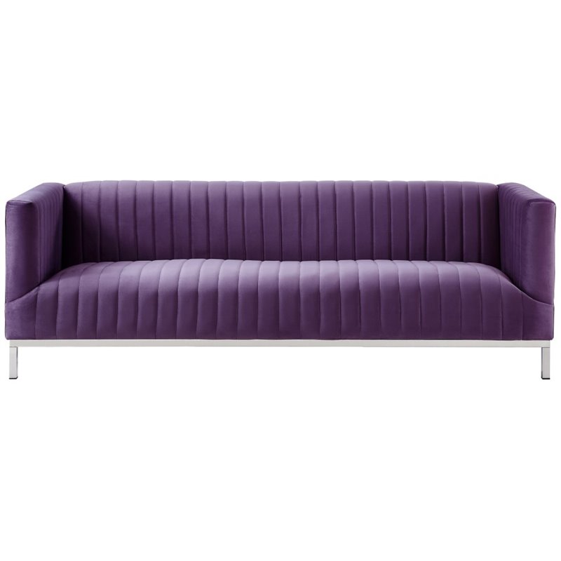 Posh Living Hayden Velvet Tuxedo Sofa with Y-Metal Base in Purple/Chrome