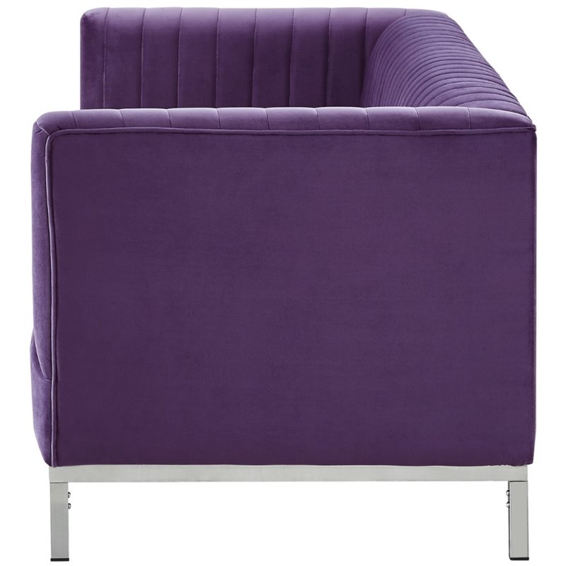Posh Living Hayden Velvet Tuxedo Sofa with Y-Metal Base in Purple/Chrome
