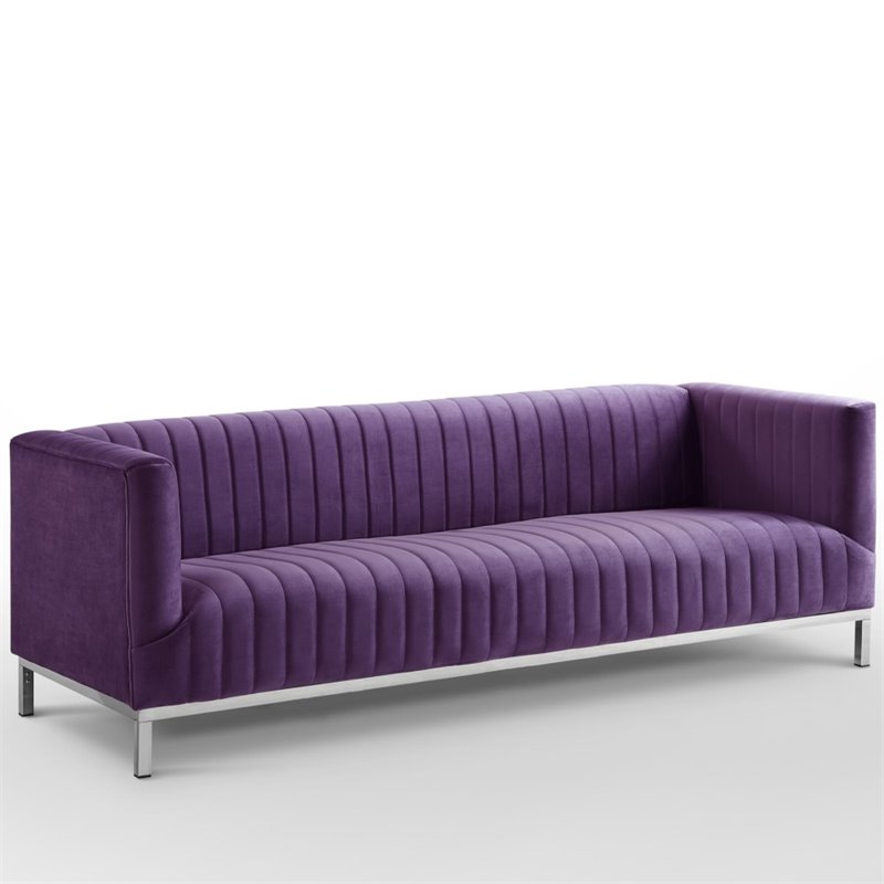 Posh Living Hayden Velvet Tuxedo Sofa with Y-Metal Base in Purple/Chrome