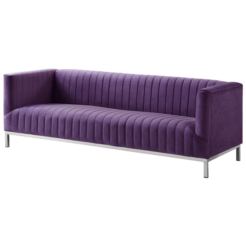 Posh Living Hayden Velvet Tuxedo Sofa with Y-Metal Base in Purple/Chrome