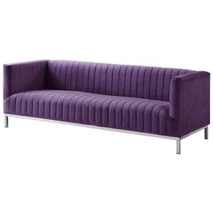 Posh Living Hayden Velvet Tuxedo Sofa with Y-Metal Base in Purple/Chrome