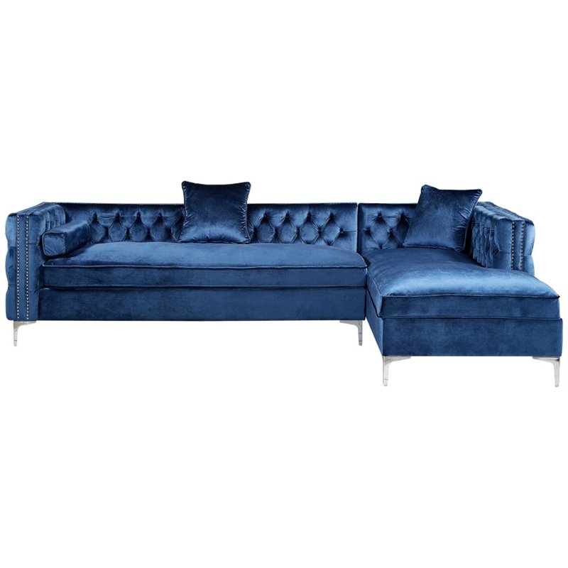 Levi Blue Velvet Chaise Sectional Sofa - 115 Inches Right Facing