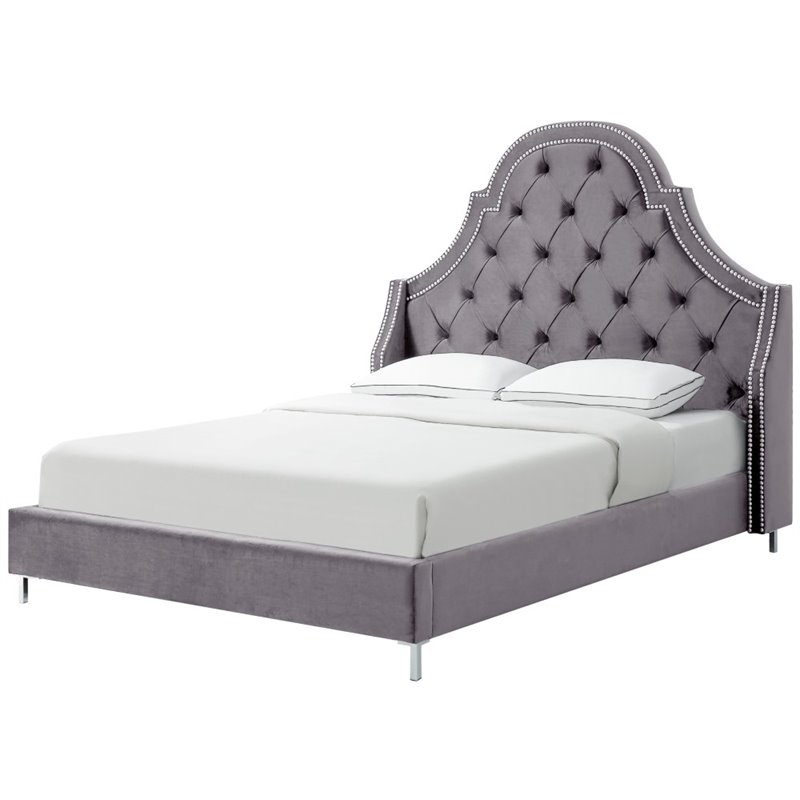 Aaron Grey Velvet Platform Bed Frame King Size Tufted Nailhead