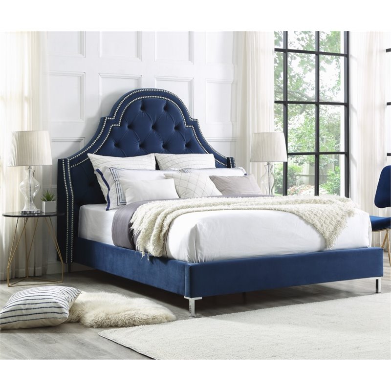 Aaron Blue Velvet Platform Bed Frame King Size Tufted Nailhead