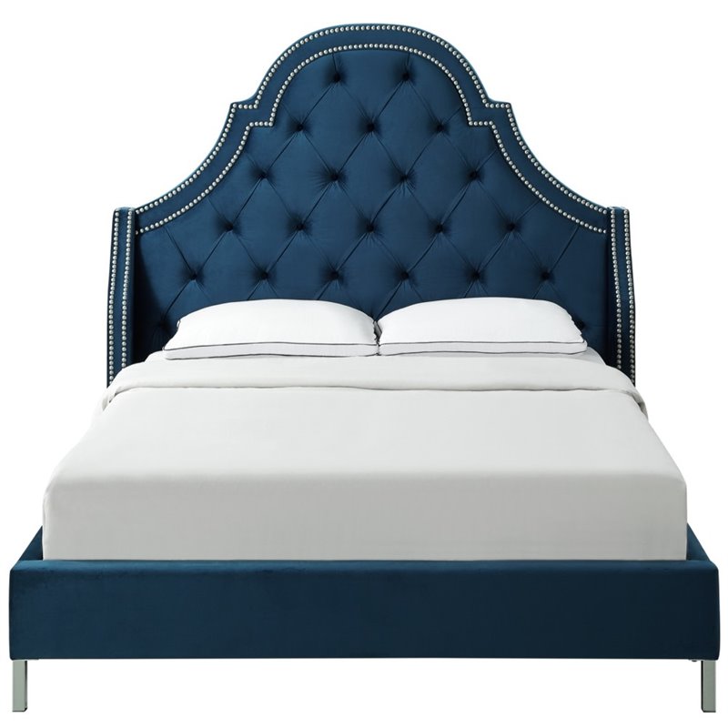 Aaron Blue Velvet Platform Bed Frame King Size Tufted Nailhead