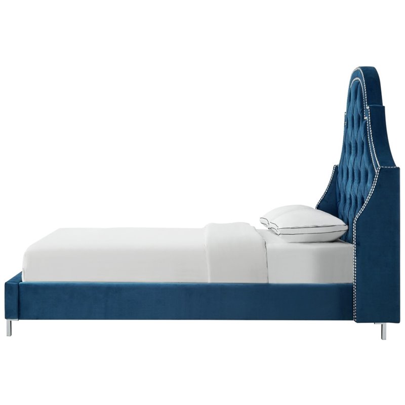 Aaron Blue Velvet Platform Bed Frame King Size Tufted Nailhead