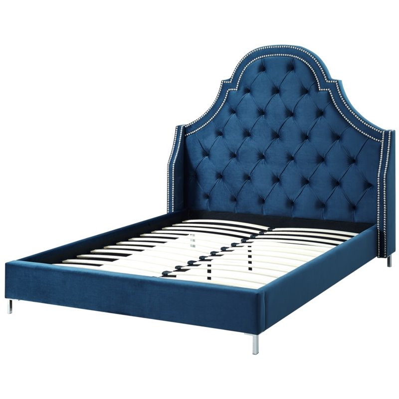 Aaron Blue Velvet Platform Bed Frame King Size Tufted Nailhead