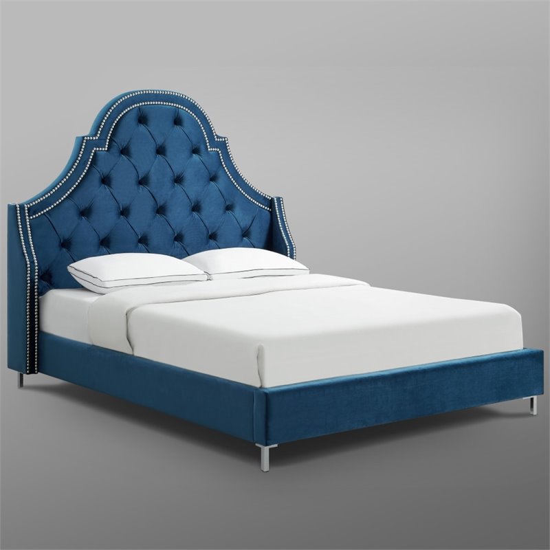 Aaron Blue Velvet Platform Bed Frame King Size Tufted Nailhead