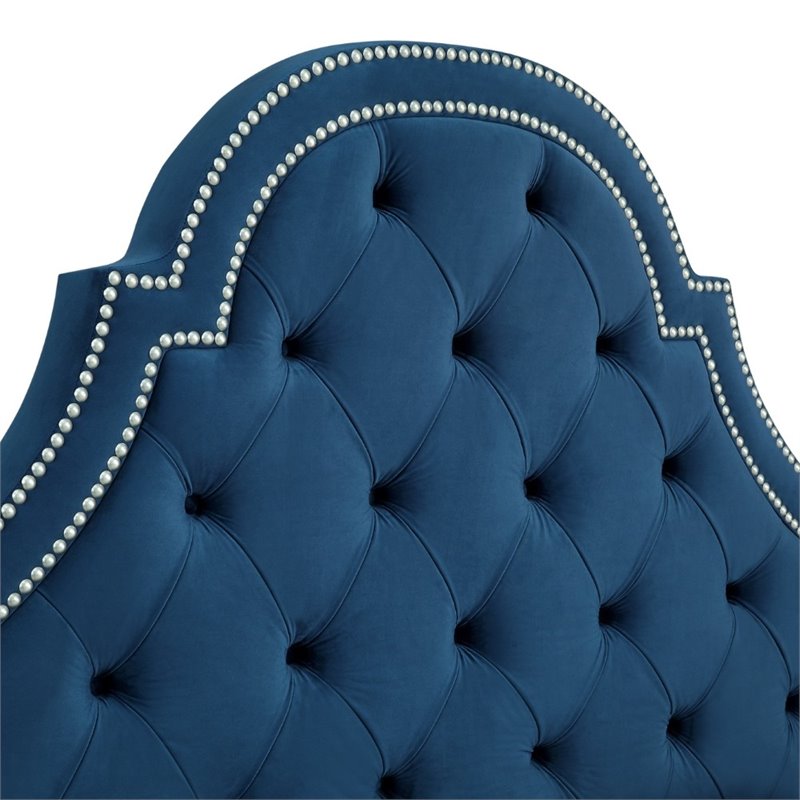 Aaron Blue Velvet Platform Bed Frame King Size Tufted Nailhead