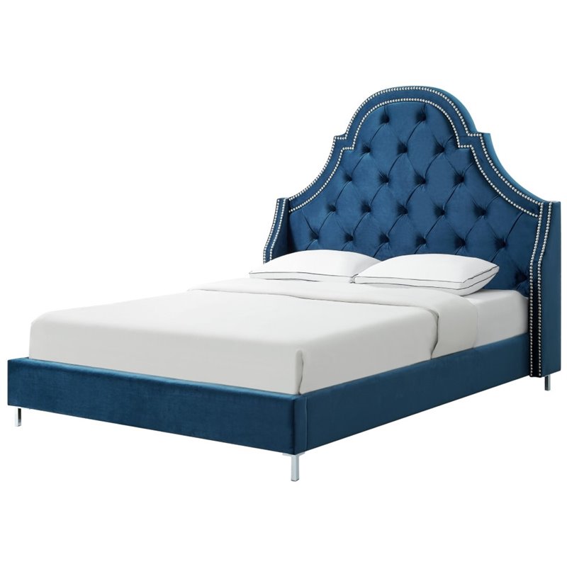 Aaron Blue Velvet Platform Bed Frame King Size Tufted Nailhead