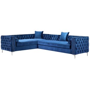 Posh Living Levi 120&quot Velvet Left Facing Corner Sectional Sofa in Blue