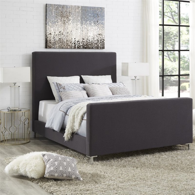 Posh Living Alex Linen Fabric Upholstered Platform King Bed Frame in Dark Gray